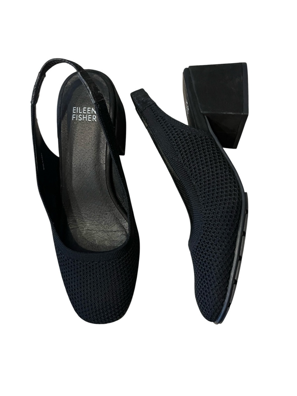 Eileen Fisher Yarn Slingback Heels Black Knit Block Heel Pumps Sz 7.5